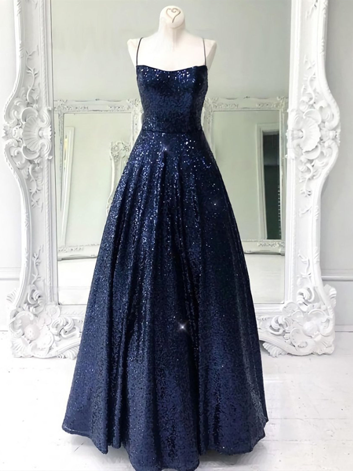 Shiny Backless Navy Blue Long Prom Dresses, Shiny Open Back Navy Blue Long Formal Evening Dresses