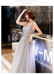 Shiny Beaded V-neckline Grey Long Low Back Floor Length Party Dress, Grey Evening Dress Prom Dresses