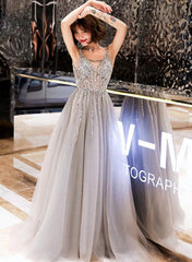 Shiny Beaded V-neckline Grey Long Low Back Floor Length Party Dress, Grey Evening Dress Prom Dresses