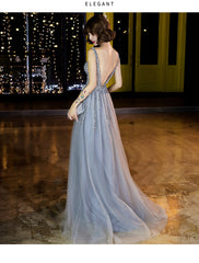 Shiny Beaded V-neckline Grey Long Low Back Floor Length Party Dress, Grey Evening Dress Prom Dresses