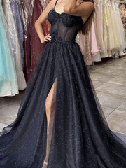 Shiny Black Lace Prom Dresses 2024 Tulle Long Formal Dress Spaghetti Straps