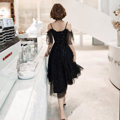 Shiny Black Off Shoulder Tea Length Party Dress Prom Dress, Black Homecoming Dresses