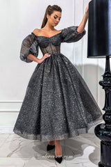 Shiny Black Puffy Sleeves Off The Shoulder Ankle Length Evening Dresses, CP0846