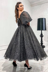 Shiny Black Puffy Sleeves Off The Shoulder Ankle Length Evening Dresses, CP0846