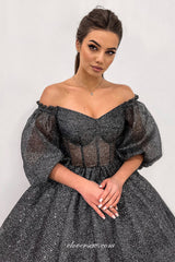 Shiny Black Puffy Sleeves Off The Shoulder Ankle Length Evening Dresses, CP0846