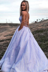 Shiny Lavender A Line V Neck Prom Formal Dress With Pocket TP1165