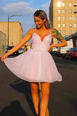 Shiny Lavender Tulle Cute V Neckline Short Prom Dress Homecoming Dress HD0179