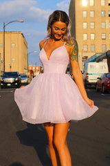 Shiny Lavender Tulle Cute V Neckline Short Prom Dress Homecoming Dress HD0179