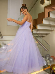 Shiny Lilac Long Prom Dresses Beaded Tulle Purple Formal Dresses Sleeveless
