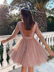 Shiny Long Sleeves Open Back Short Prom Dresses, Short Long Sleeves Backless Formal Homecoming Dresses