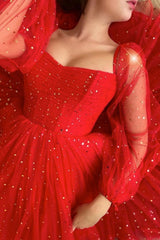 Shiny Long Sleeves Short Red Prom Dresses, Long Sleeves Short Red Formal Graduation Dresses