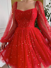 Shiny Long Sleeves Short Red Prom Dresses, Long Sleeves Short Red Formal Graduation Dresses