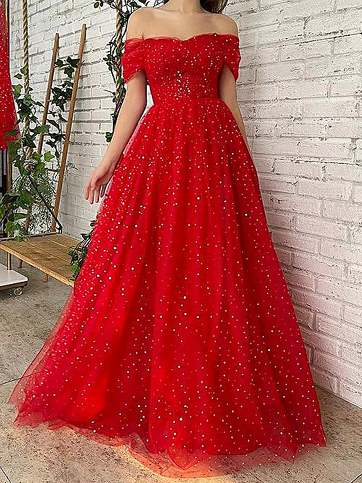 Shiny Off the Shoulder Red Long Prom Dresses, Red Off Shoulder Formal Graduation Dresses