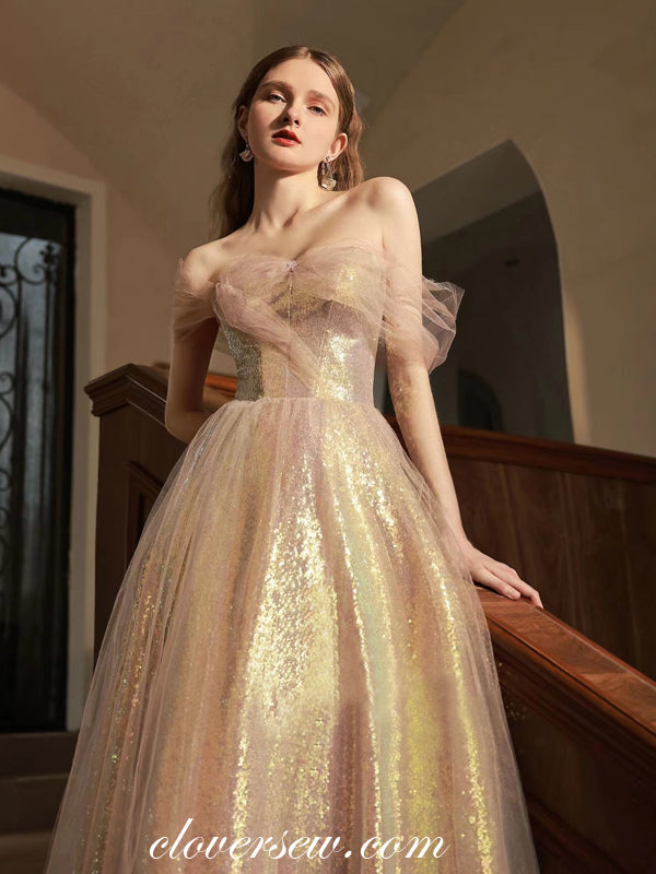 Shiny Pink Sequin Tulle Off The Shoulder A-line Prom Dresses, CP0822