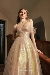 Shiny Pink Sequin Tulle Off The Shoulder A-line Prom Dresses, CP0822