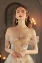 Shiny Pink Sequin Tulle Off The Shoulder A-line Prom Dresses, CP0822