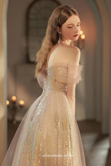 Shiny Pink Sequin Tulle Off The Shoulder A-line Prom Dresses, CP0822