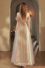 Shiny Pink Sequin Tulle Off The Shoulder A-line Prom Dresses, CP0822