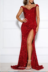 Shiny Red Sequined Sheath Lace Up Back With High Slit Part Dresses, CP0764
