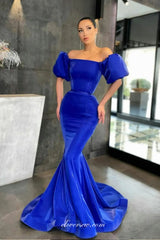 Shiny Satin Royal Blue Off The Shoulder Mermaid Prom Dresses, CP1055