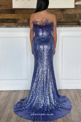 Shiny Sequin With Feather Strapless Sheath With Side Slit Prom Dresses, CP1074