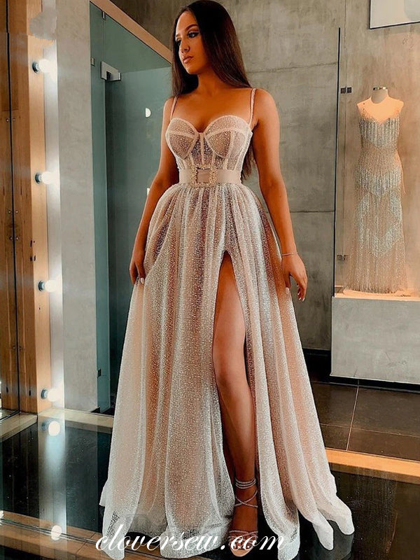 Shiny Sequined Tulle Spaghetti Strap A-line Fashion Prom Dresses, CP0751