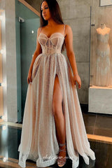 Shiny Sequined Tulle Spaghetti Strap A-line Fashion Prom Dresses, CP0751