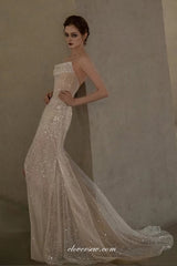 Shiny Sequined Tulle Strapless Sheath Side Slit Evening Dresses, CP0852