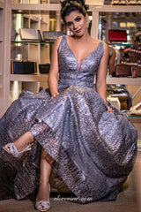 Shiny Sequined Tulle V-neck Backless Sleeveless A-line Prom Dresses, CP0713