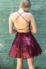 Shiny Sequins Backless Burgundy Short Prom Dress, Backless Burgundy Homecoming Dress, Short Burgundy Formal Evening Dress