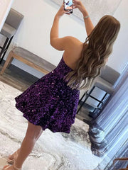 Shiny Sequins Strapless Sweetheart Neck Purple/Burgundy Prom Dresses, Purple/Burgundy Sequins Homecoming Dresses