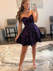 Shiny Sequins Strapless Sweetheart Neck Purple/Burgundy Prom Dresses, Purple/Burgundy Sequins Homecoming Dresses
