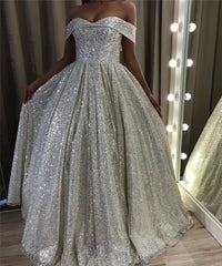 Shiny Silver Sequin Wedding Dresses Off the Shoulder Country Garden Bridal Gown