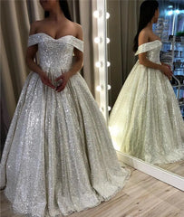 Shiny Silver Sequin Wedding Dresses Off the Shoulder Country Garden Bridal Gown