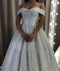 Shiny Silver Sequin Wedding Dresses Off the Shoulder Country Garden Bridal Gown