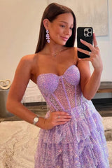 Shiny Strapless Sweetheart Neck Layered Lilac Long Prom Dress, Long Purple Formal Graduation Evening Dress A2273