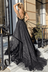 Shiny Tulle Black Long Prom Dresses V Neck Open Back with High Slit