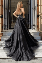 Shiny Tulle Black Long Prom Dresses V Neck Open Back with High Slit