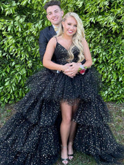 Shiny Tulle V Neck High Low Black Long Prom Dresses, High Low Black Formal Dresses, Black Evening Dresses