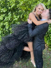 Shiny Tulle V Neck High Low Black Long Prom Dresses, High Low Black Formal Dresses, Black Evening Dresses