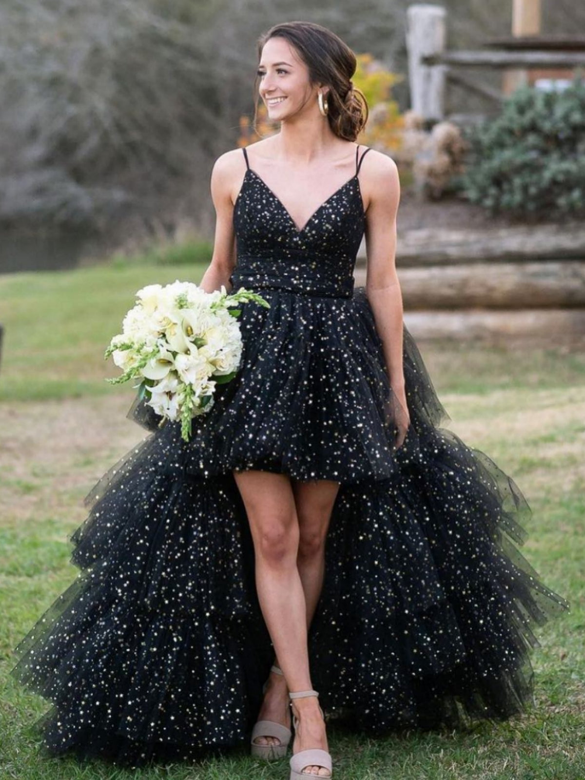 Shiny Tulle V Neck High Low Black Long Prom Dresses, High Low Black Formal Dresses, Black Evening Dresses