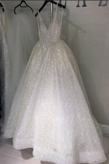 Shiny V Neck Backless Ivory Lace Wedding Dress, Ivory V Neck Lace Prom Formal Evening Dress