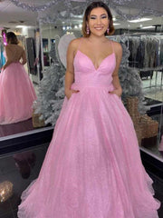 Shiny V Neck Backless Purple Pink Prom Dresses, Open Back V Neck Formal Evening Dresses
