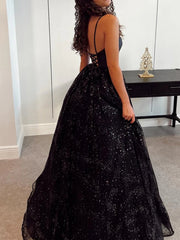 Shiny V Neck Black Long Prom Dresses, Shiny V Neck Black Long Formal Evening Dresses