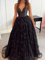 Shiny V Neck Black Long Prom Dresses, Shiny V Neck Black Long Formal Evening Dresses
