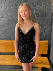 Shiny V Neck Black Purple Short Sequins Prom Dresses, Short Sequined Purple Black Formal Homecoming Dresses