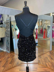 Shiny V Neck Black Purple Short Sequins Prom Dresses, Short Sequined Purple Black Formal Homecoming Dresses