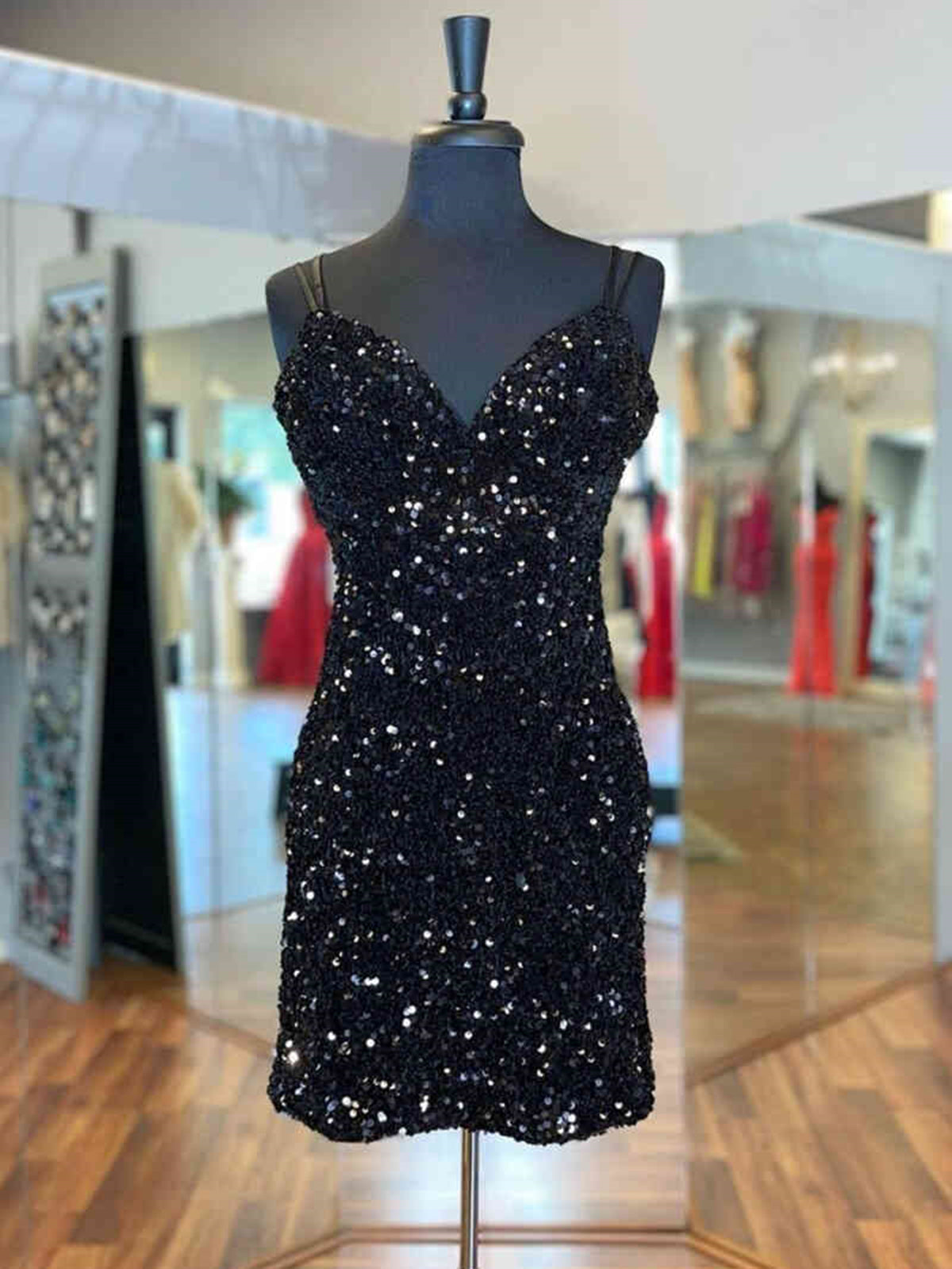 Shiny V Neck Black Purple Short Sequins Prom Dresses, Short Sequined Purple Black Formal Homecoming Dresses