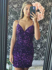Shiny V Neck Black Purple Short Sequins Prom Dresses, Short Sequined Purple Black Formal Homecoming Dresses