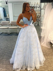 Shiny V Neck Blue Long Prom Dresses, Blue Long Formal Evening Dresses